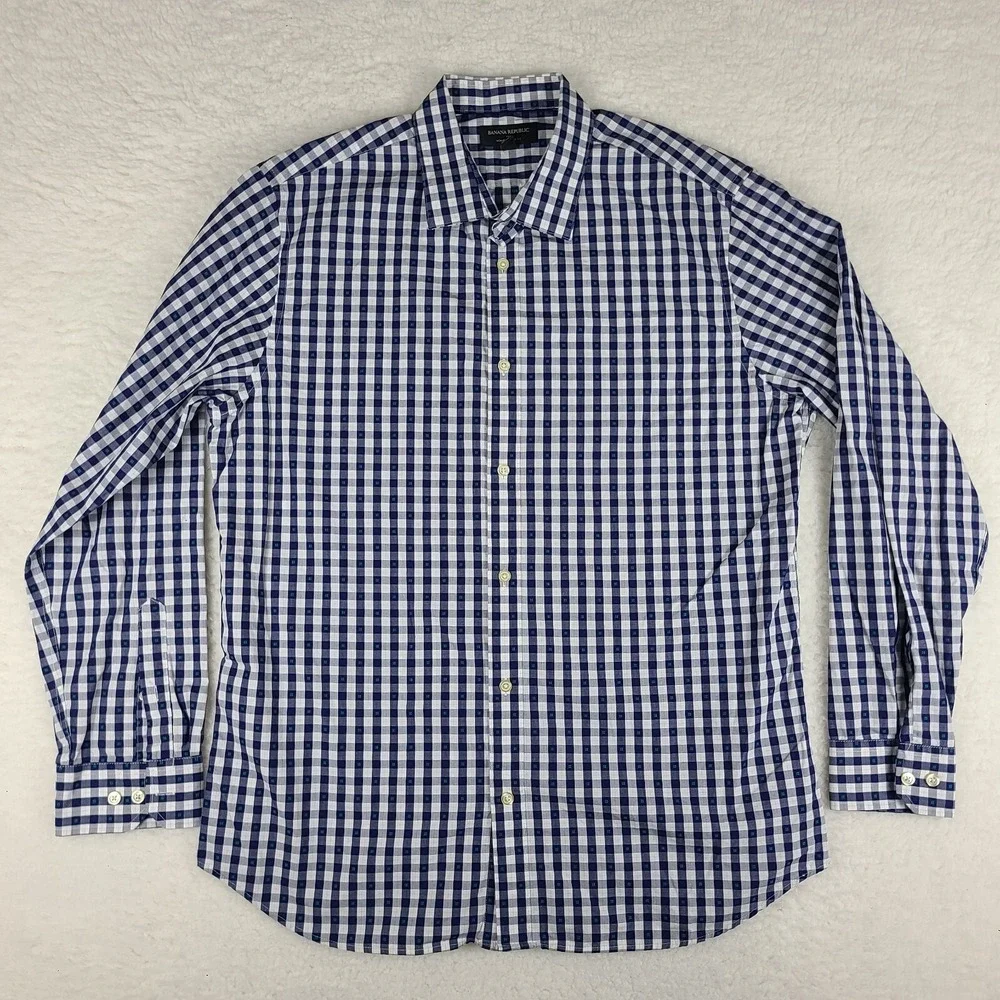 Banana Republic Shirt Mens XL Blue Navy Plaid Non Iron Slim Fit Dress‎ Button Up
